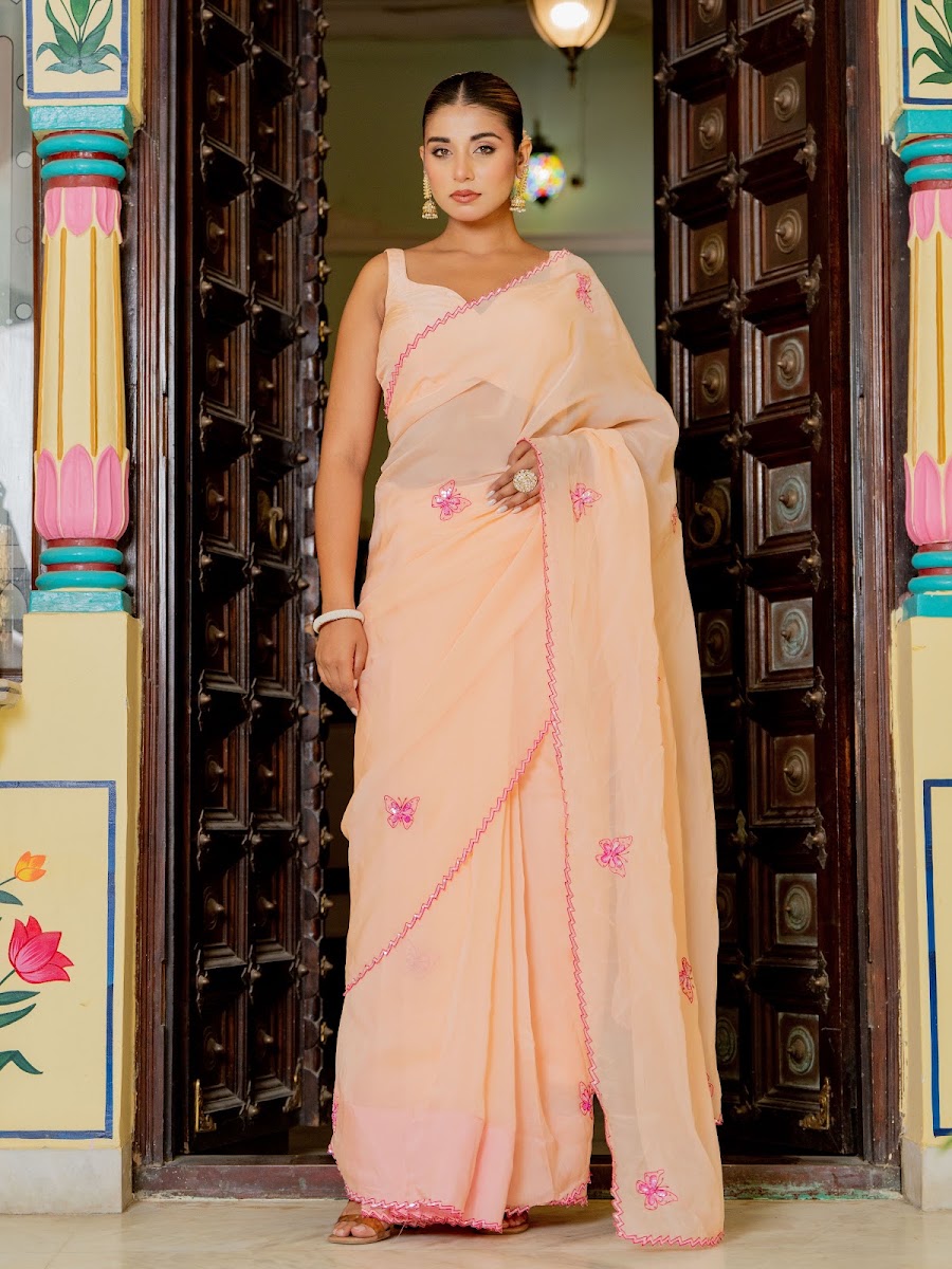 Titli Peach Organza Silk Saree