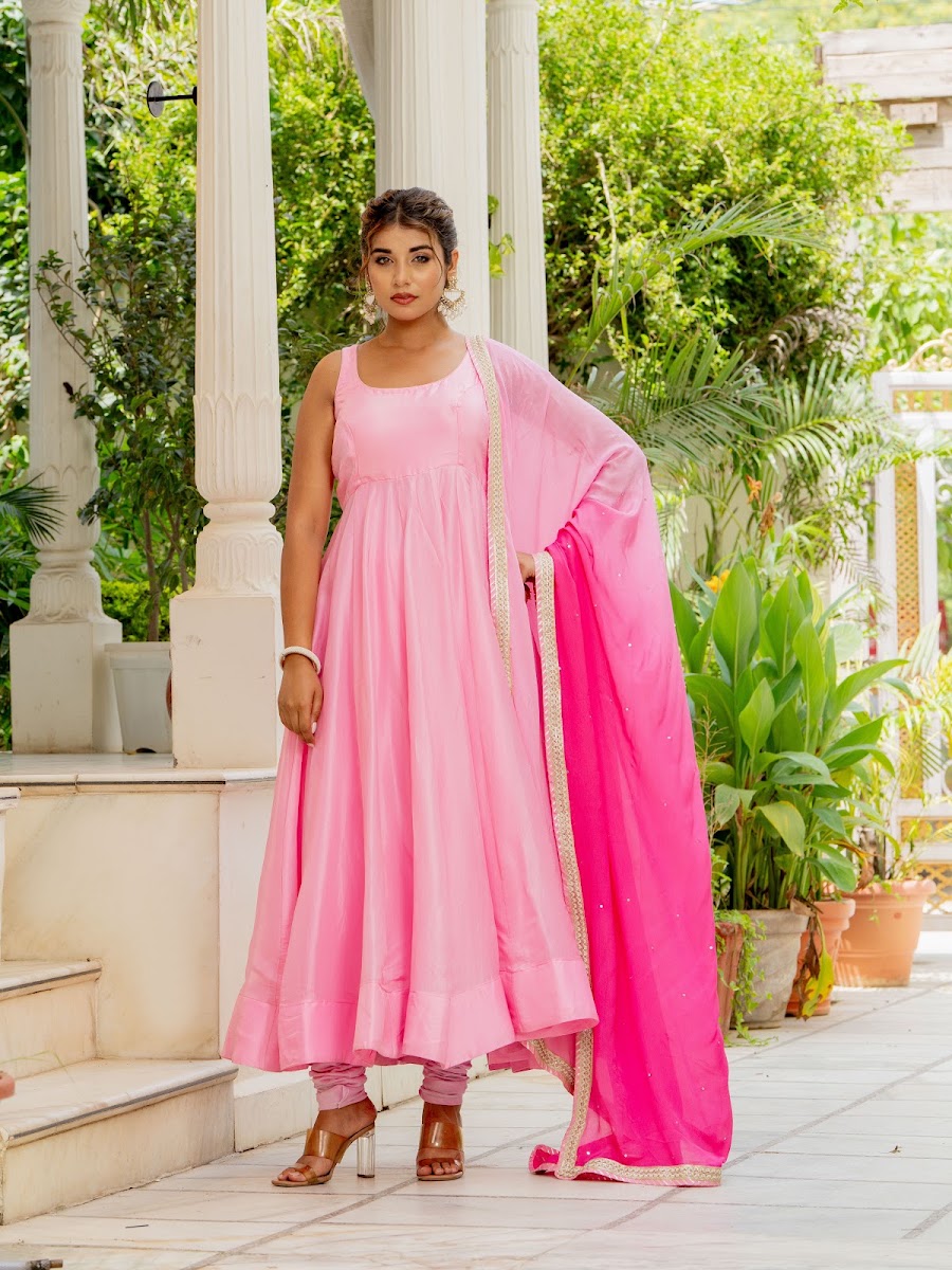 Madhurima Pink Upada Silk Anarkali Set alternate angle