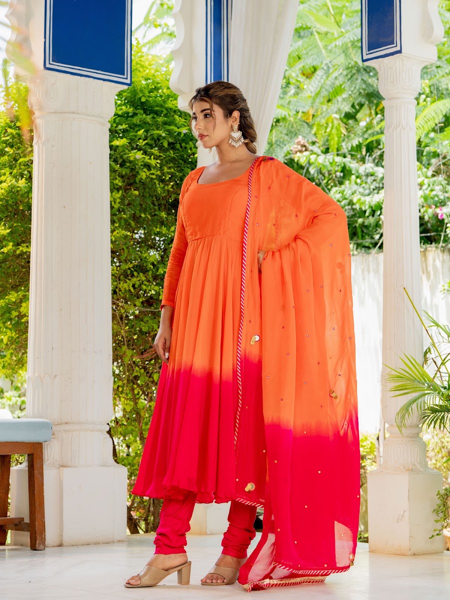 Arunima Orange Pink Organza Silk Anarkali Set alternate angle