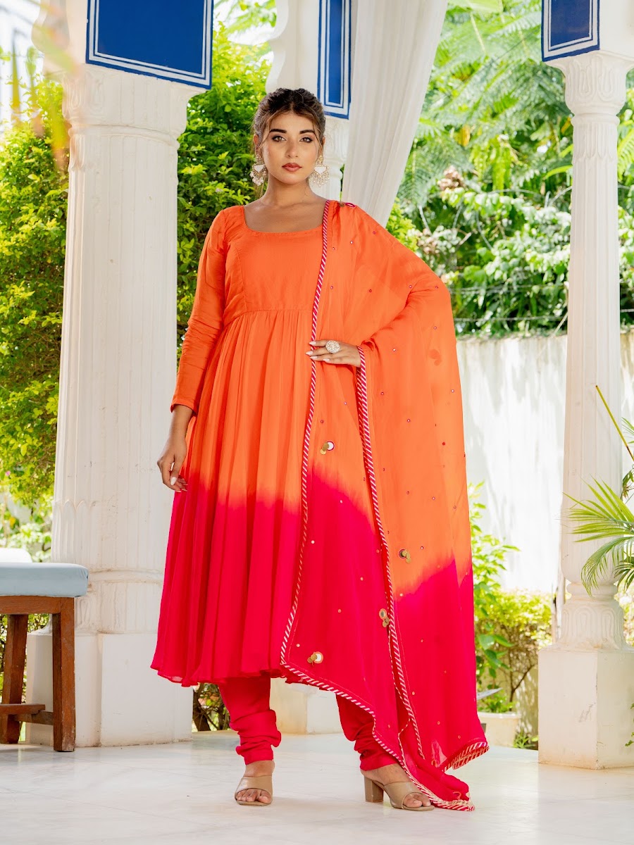 Arunima Orange Pink Organza Silk Anarkali Set