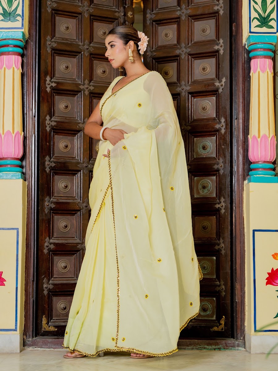 Suraj Mukhi Lemon Organza Silk Saree alternate angle