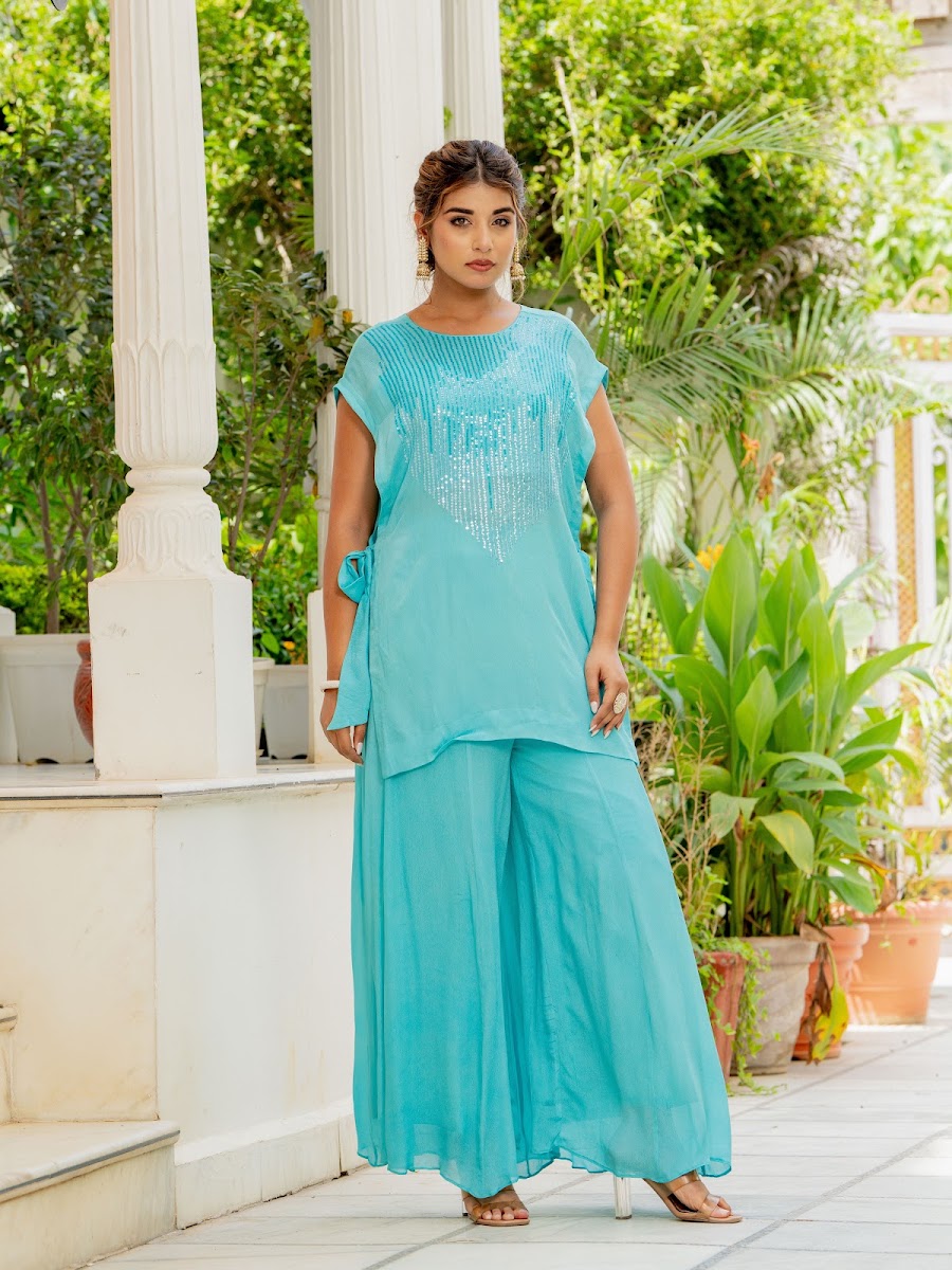 Rimjhim Sky Blue Chiffon Crepe Co-ord Set alternate angle