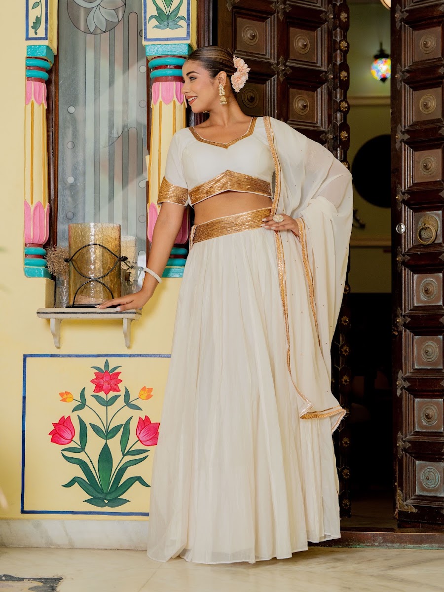 Kumudini White Chanderi Lehenga Set alternate angle